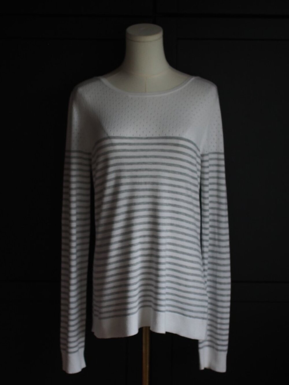 Chic by Jacob | Vintage White and Gray Striped Pointelle-Yoke Sweater